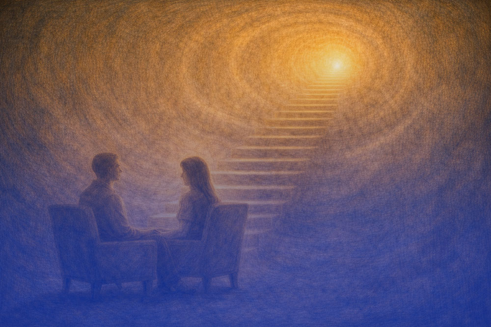 Zwei Menschen im therapeutischen Gespräch vor einem lichtvollen Weg mit Stufen – symbolische Darstellung des therapeutischen Prozesses und innerer Entwicklung.