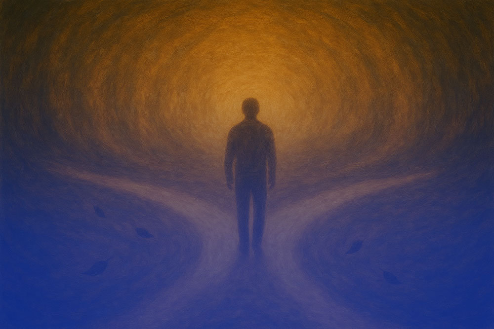 Menschliche Silhouette auf einem Weg zwischen Dunkelheit und Licht, symbolisch für Selbstfindung, innere Heilung und Transformation.