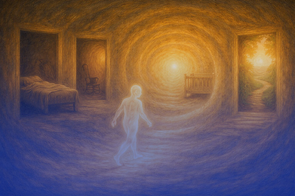 Mensch geht durch leuchtenden Tunnel. Viele Türen zur Auswahl.