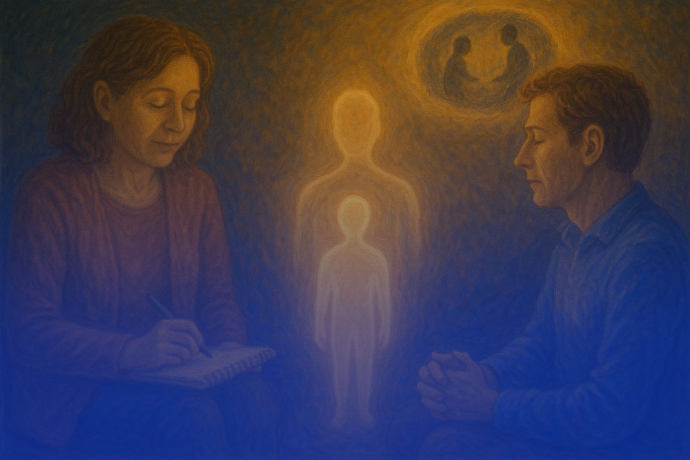 Symbolische Darstellung eines therapeutischen Gesprächs mit inneren Ebenen – Sinnbild für Bereitschaft, innere Prozesse wahrzunehmen und sich auf den eigenen Weg einzulassen.