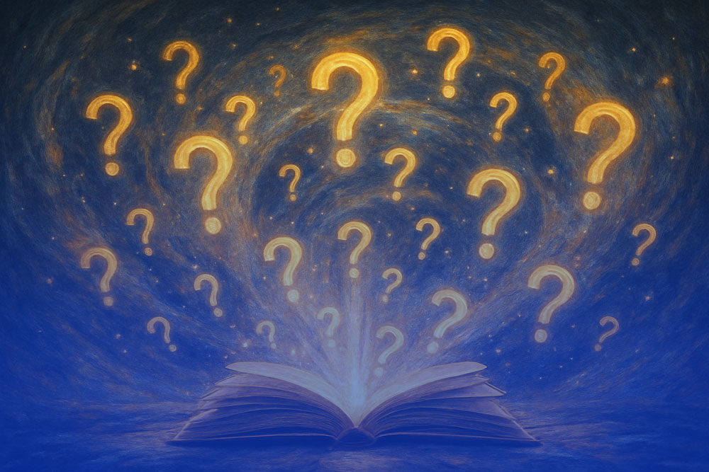 Offenes Buch mit leuchtenden Fragezeichen – symbolische Darstellung von Fragen, Orientierung und dem Wunsch nach Verständnis.