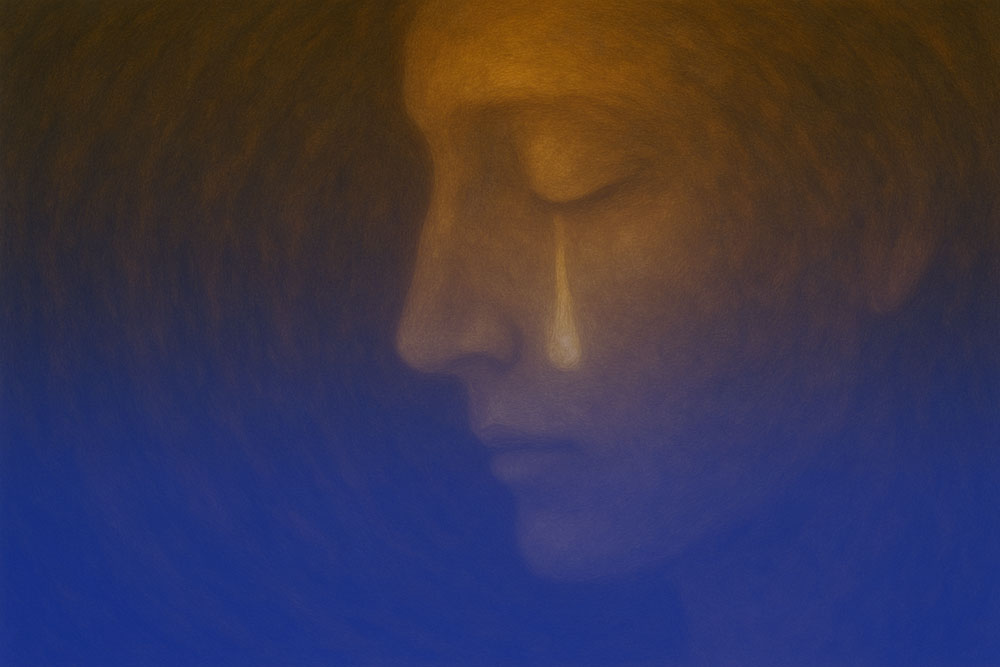 Träne auf der Wange als Ausdruck emotionaler Belastung, Trauma und seelischem Schmerz.